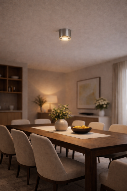 Ceiling mounted downlight fixture in a modern dinning area
