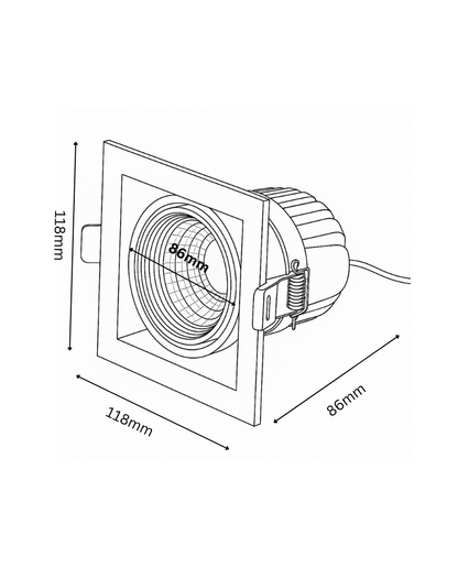 Technical drawing of a square fan with dimensions labeled