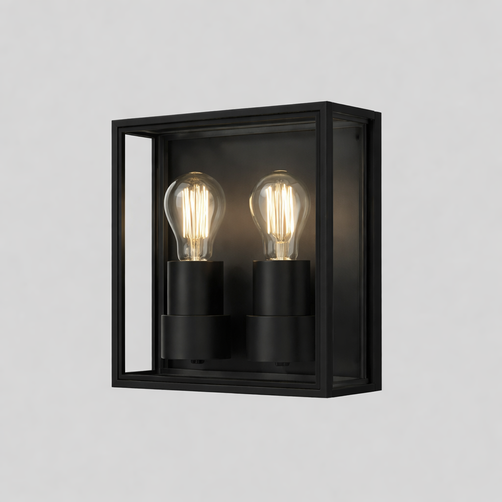 Black wall-mounted light fixture with E27 base lamp