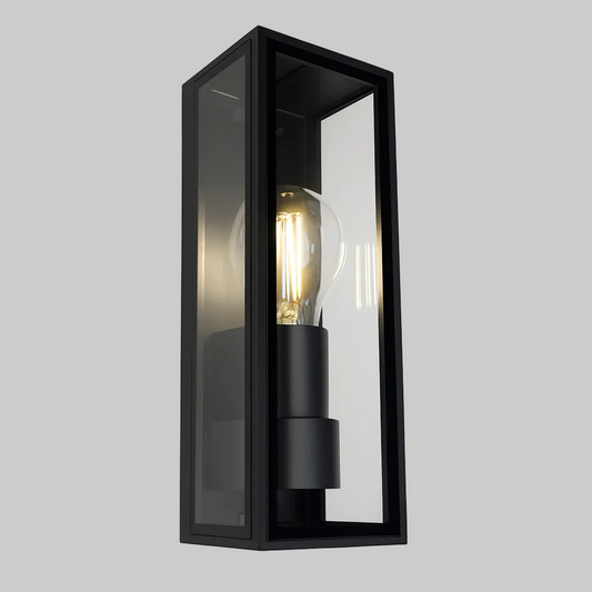 Black wall-mounted light fixture with a clear glass cover and with E27 base lamp